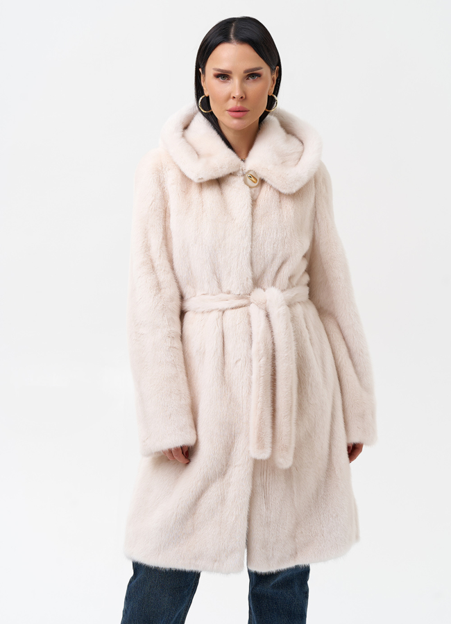 Светлая шуба с поясом из норки модель № 29086 универмаг малина