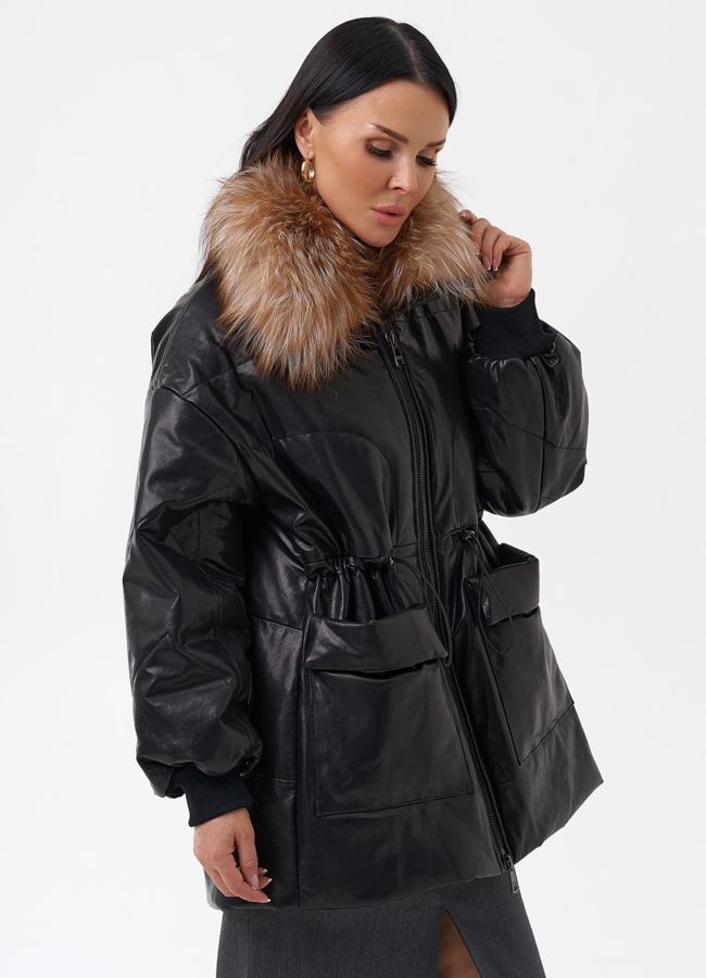 Кожаный пуховик с мехом модель № 29404 меха малина