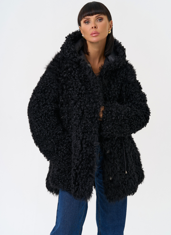 Женская двухсторонняя дубленка с капюшоном