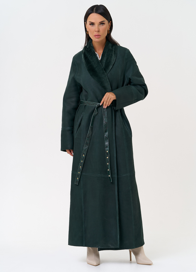 Женская двусторонняя дубленка из меха овчины Cortos с поясом из кожи питона модель № 31400 универмаг малина