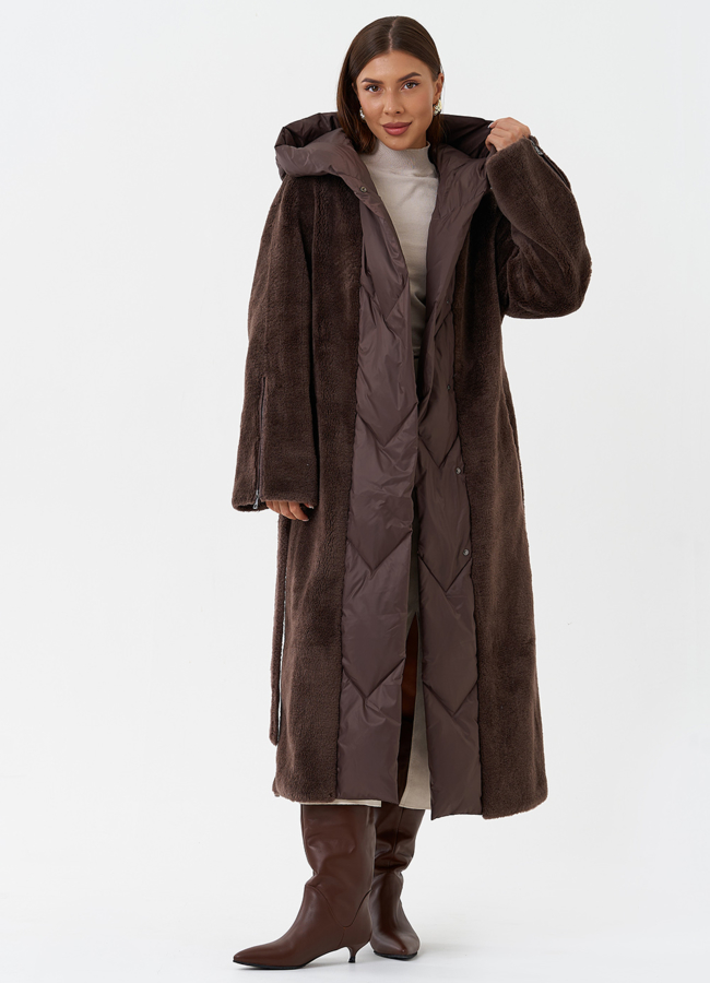 Комбинированное пальто на утеплении с капюшоном модель № 28538 универмаг малина