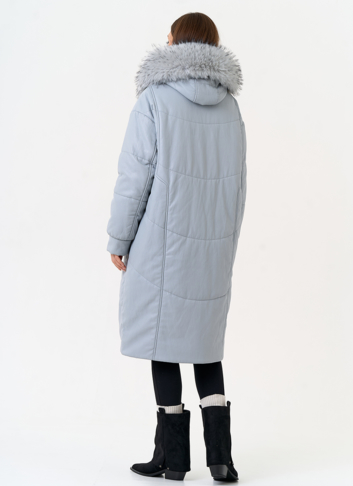 Женский пуховик из эко кожи с отделкой из эко меха