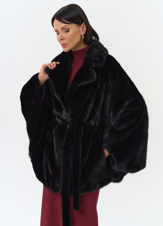 Шуба из меха норки с английским воротником в цвете баклажан модель № 31829 универмаг малина