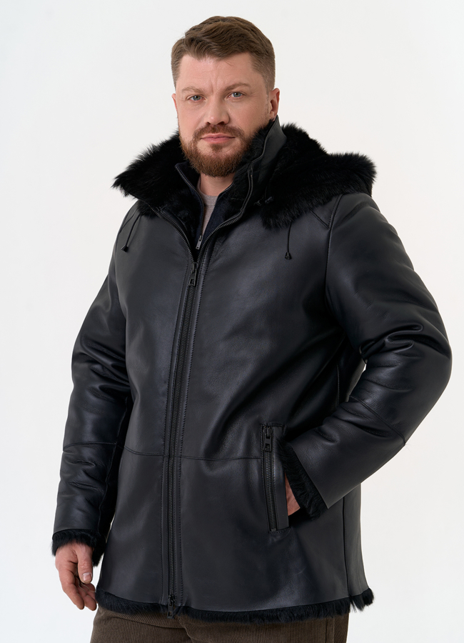 Мужская дубленка черного цвета с капюшоном модель № 31792 универмаг малина