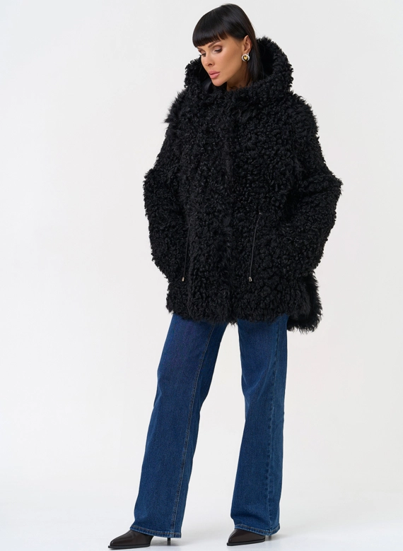 Женская двухсторонняя дубленка с капюшоном
