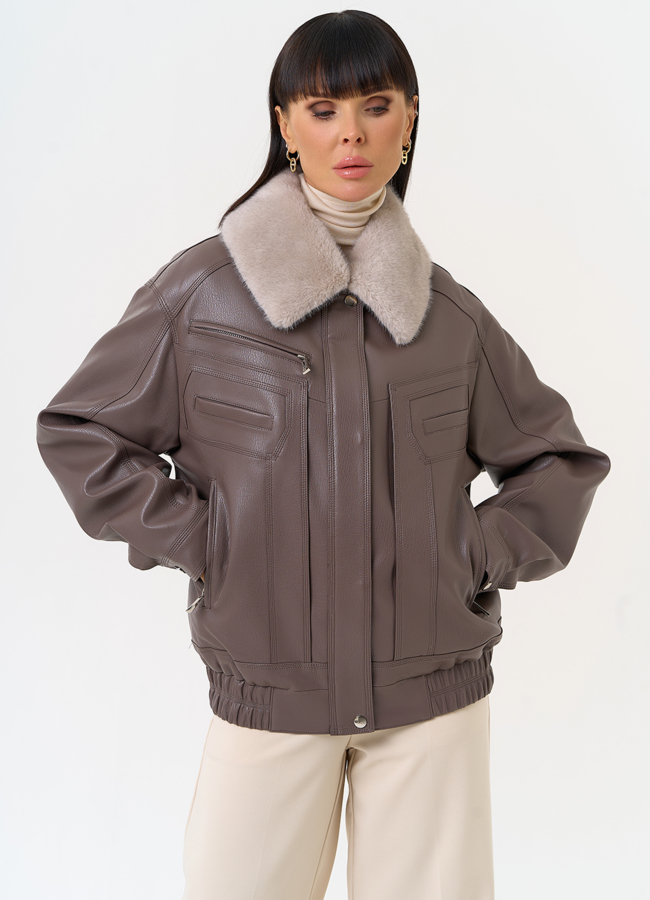 Женская утепленная куртка из эко кожи в бежевом цвете модель № 30702 в кредит