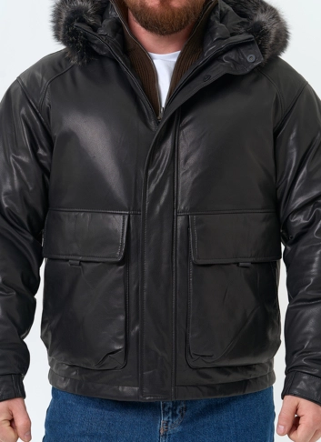 Мужской пуховик из натуральной кожи с мехом енота на капюшоне фото
