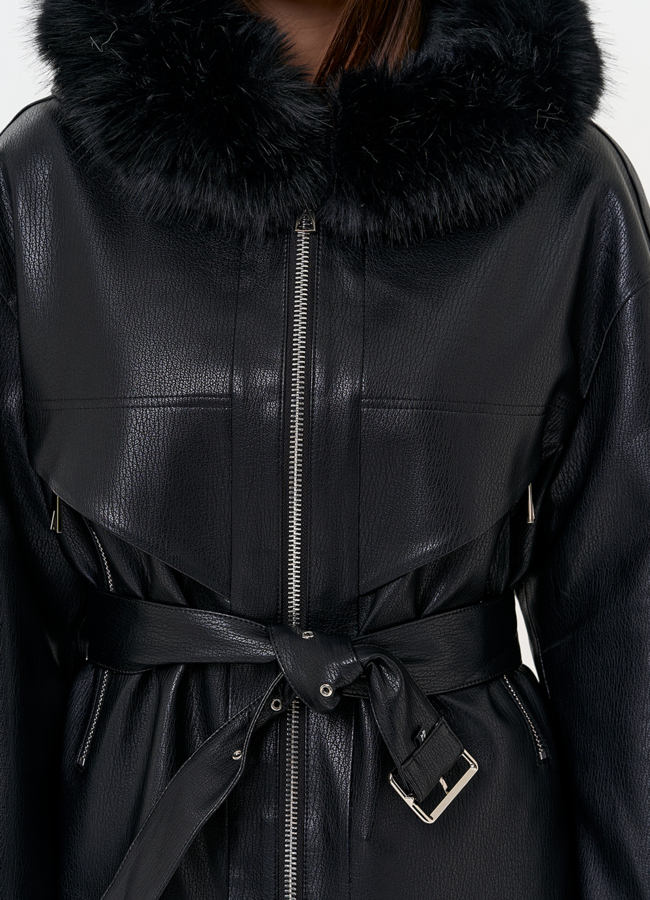 Женская утепленная куртка из эко кожи с поясом модель № 31494 универмаг малина