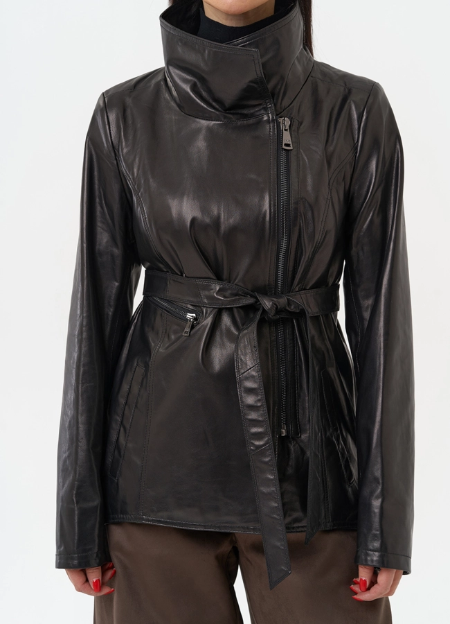 Удлиненная куртка из натуральной кожи с поясом модель № 10703 универмаг малина