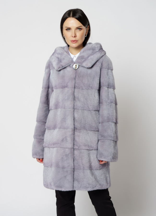 Шуба из норки с капюшоном и кулиской голубого цвета модель № 29121 меха малина