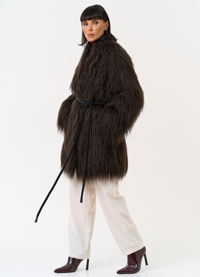 фото Женская шуба из эко меха коричневого цвета модель № 31530