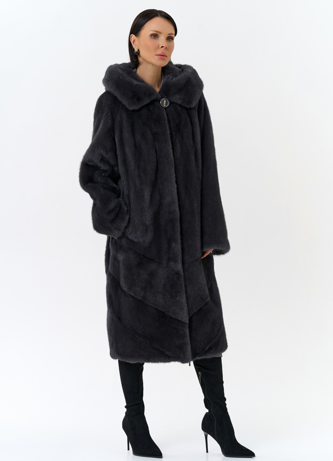 Женская шуба из норки силуэта баллон с капюшоном модель № 24750 в кредит