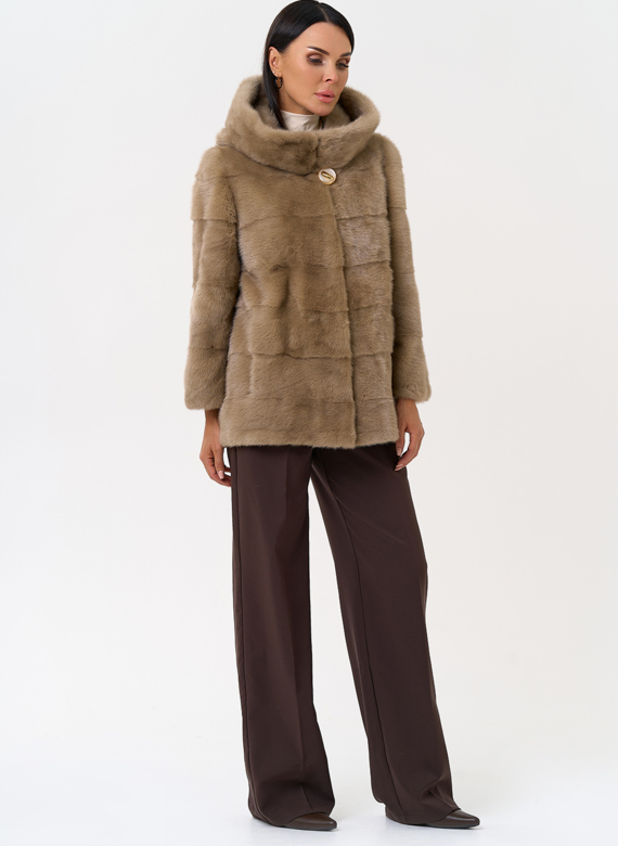 Поперечная норковая шуба с капюшоном