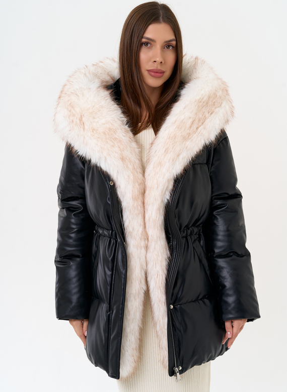 Женский пуховик из эко кожи с отделкой из эко меха