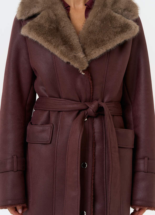 Женская дубленка из эко замши с английским воротником модель № 31511 универмаг малина