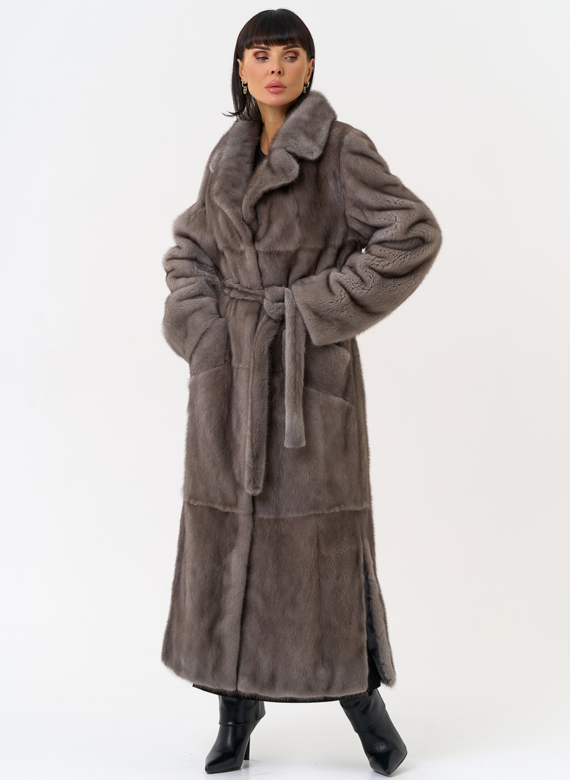 Длинная шуба из меха норки с английским воротником