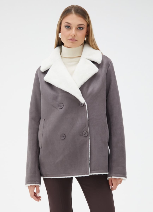 Женская двухсторонняя дубленка из эко кожи с английским воротником модель № 31869 меха малина