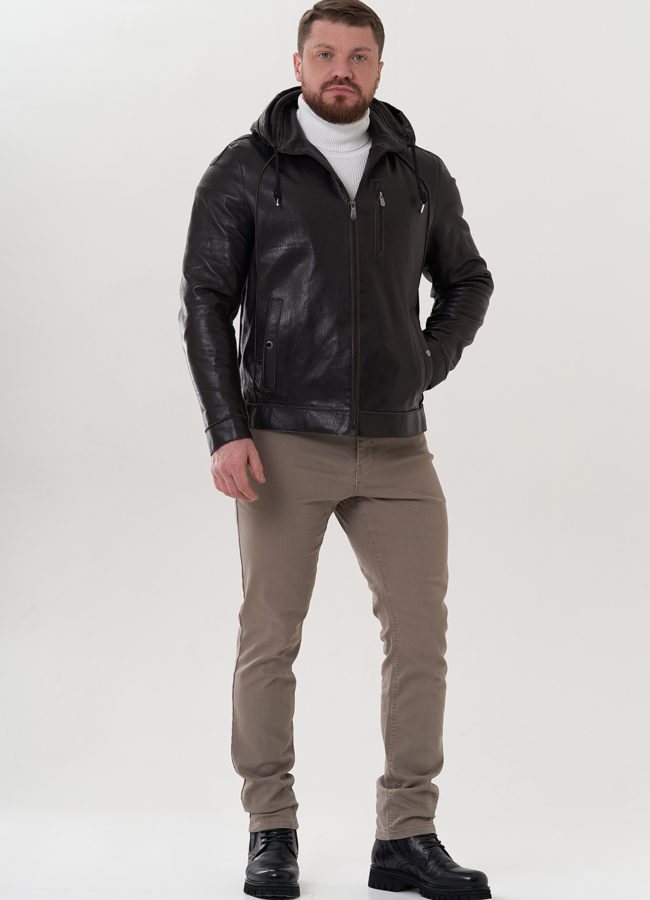 Мужская кожаная куртка с капюшоном модель № 24388 в кредит