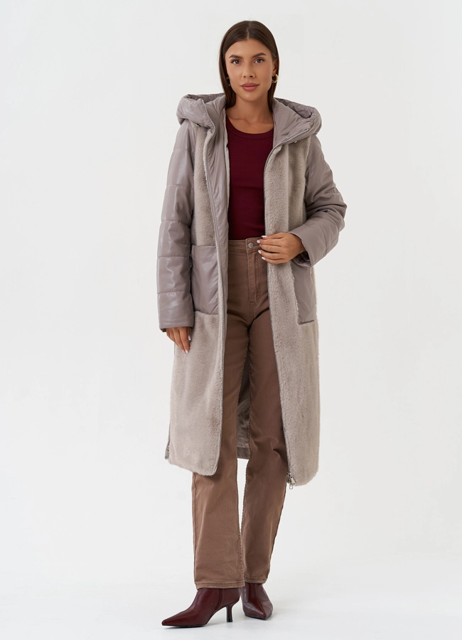 Комбинированный пуховик из эко кожи с капюшоном модель № 28518 универмаг малина